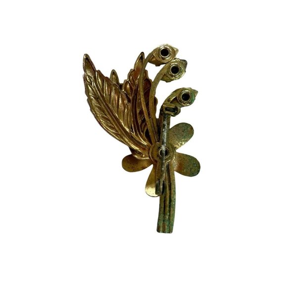 Goldtone and Green Vintage 1960s Brooch Pin Flower Leaf 1.9" - Picture 4 of 6